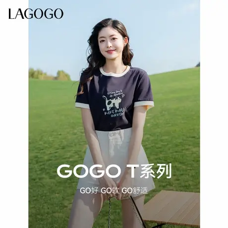 LAGOGO百搭猫咪印花短袖T恤女拉谷谷2025夏季新款圆领撞色上衣图片