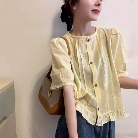 2025年夏季新款下摆花边宽松短袖衬衣娃娃衫女纯色圆领百搭上衣潮商品大图