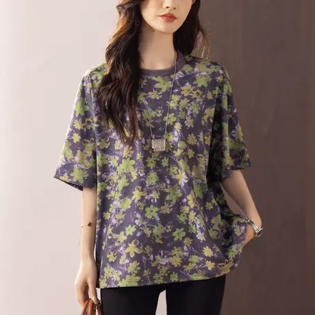 短袖t恤女夏季新款加肥加大码女装宽松中年妈妈碎花显瘦半袖体恤商品大图