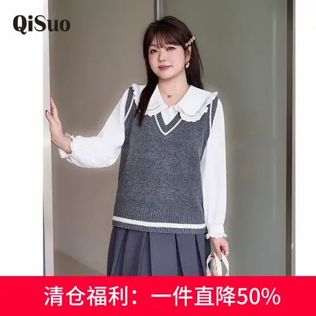 绮娑女装秋季新款显瘦胖MM大码套装宽松无袖毛衣娃娃领套头上衣女商品大图