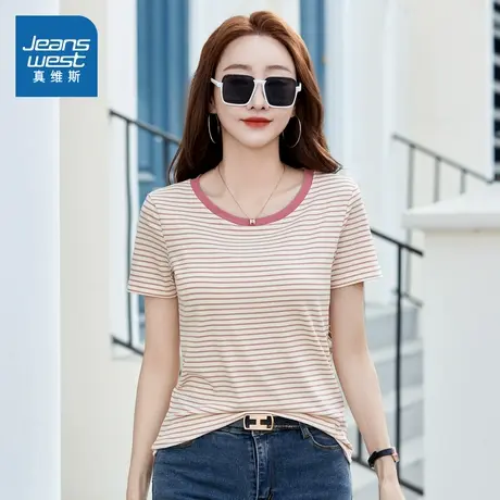 VO真维斯女装 2025秋季新款女款经典拼色条纹印花款日常针织上衣商品大图