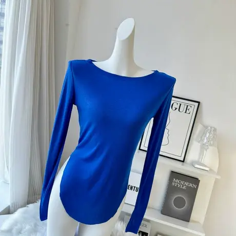 休闲不规则弧形下摆t恤女长袖宽松打底衫显瘦百搭运动健身上衣女图片