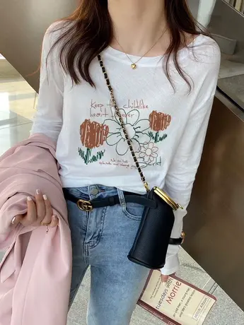 白色仿棉长袖t恤女2023新款秋冬季加绒内搭打底衫韩版宽松上衣潮图片