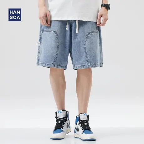 hansca美式水洗牛仔短裤男夏季潮牌宽松大码青少年工装阔腿五分裤商品大图