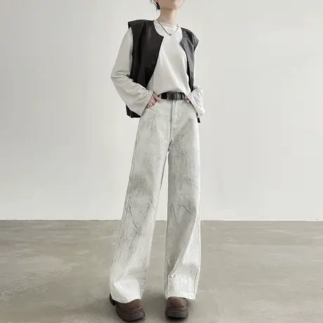 白色扎染阔腿牛仔裤女春秋新款宽松休闲直筒高腰国风脏脏拖地裤子商品大图