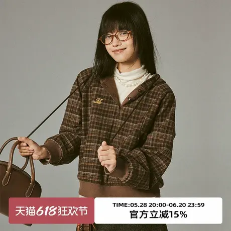 omont蛋挞家复古格纹连帽卫衣冬季宽松休闲慵懒套头帽衫上衣商品大图