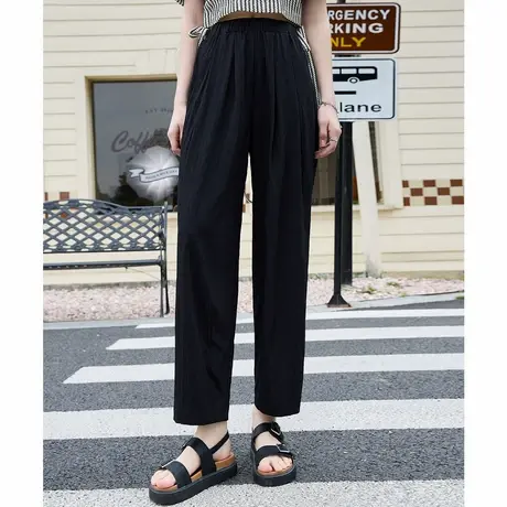 a02纯色高腰舒适褶皱松紧腰女式休闲裤夏季百搭九分直筒裤商品大图