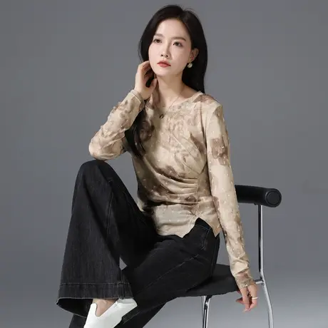 设计感不规则数码印花长袖2025新款小众设计感开叉修身打底衫上衣商品大图