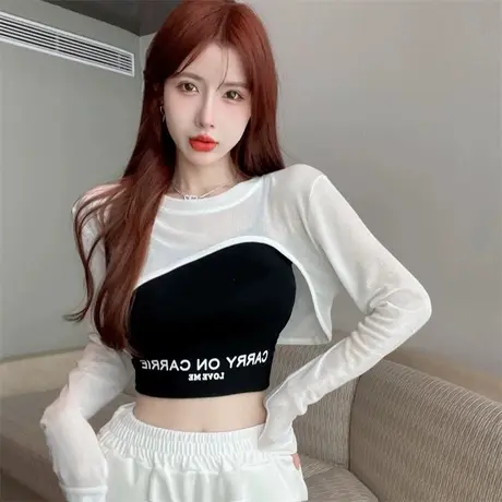 纯欲甜酷炸街薄款长袖不规则防晒罩衫女夏甜辣小吊带上衣背心套装商品大图