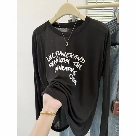 chic甜辣妹微透薄款防晒T恤上衣女夏季韩版宽松外搭长袖空调罩衫图片