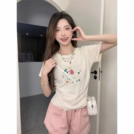 甜美风夏季正肩圆领褶皱收腰短款t恤女新款彩虹波点洋气短袖上衣商品大图