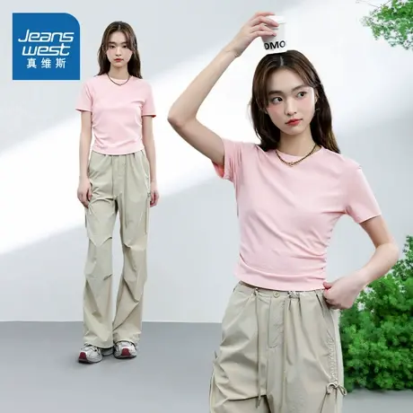 KMV真维斯粉色抽褶短袖t恤女夏季新款正肩圆领修身显瘦打底衫上衣商品大图