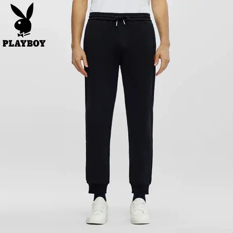 花花公子新款抽绳松紧腰休闲裤男款黑色束脚运动裤九分裤官方正品图片