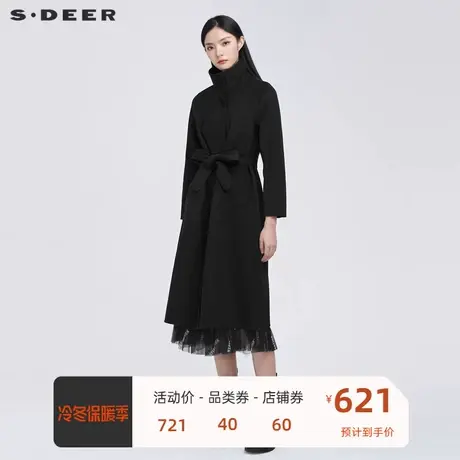 sdeer圣迪奥新品女装休闲立领收腰中长款高级感毛呢大衣S20481801图片