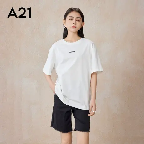 A21女装针织宽松圆领落肩短袖t恤夏季后背破洞设计纯色简约上衣女图片