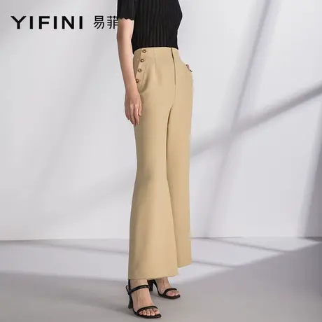 Yifini/易菲宽松显瘦直筒长裤女夏季新款通勤百搭咖色休闲裤商品大图