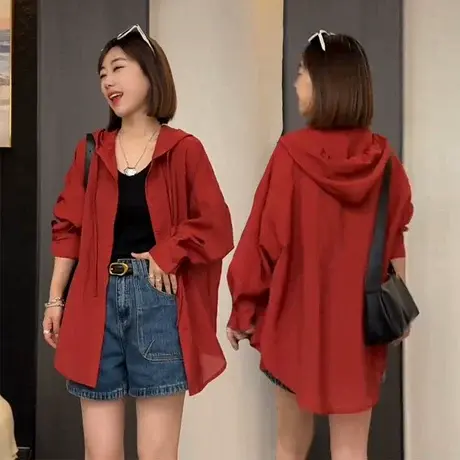 连帽防晒衣女款夏季2025新款衬衫外套宽松度假罩衫薄纱外穿上衣女图片