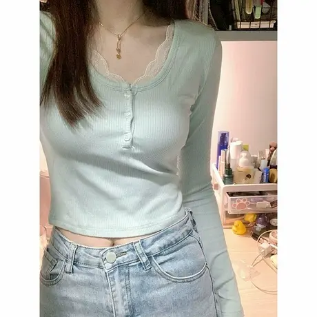 蕾丝花边拼接设计感小众长袖T恤女春秋装韩版修身显瘦短款上衣服商品大图