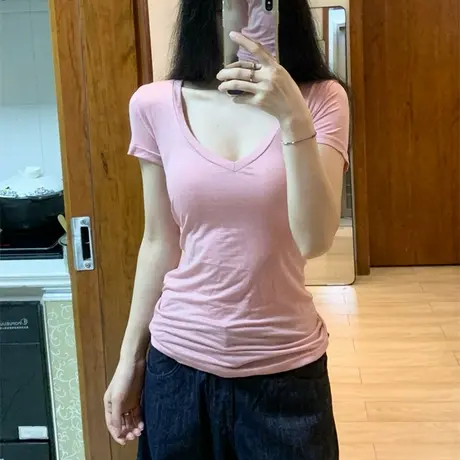 纯欲性感V领正肩露锁骨短袖T恤女夏季修身韩版辣妹收腰半袖上衣潮商品大图
