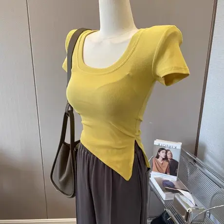不规则开叉下摆短袖T恤女夏季修身韩版设计感小众大领口U领上衣潮商品大图