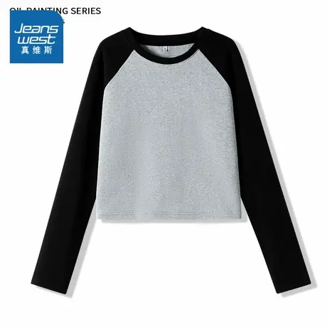 JR真维斯长袖T恤女2025新款春季复古美式修身显瘦显高圆领上衣服商品大图