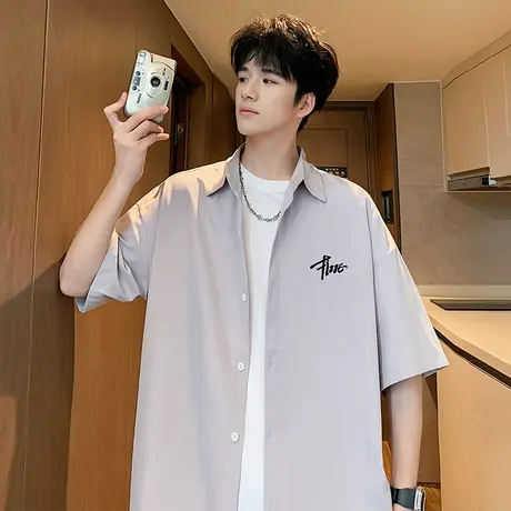 短袖衬衫男夏季2025新款宽松翻领上衣美式休闲大码男生衬衣外套潮商品大图
