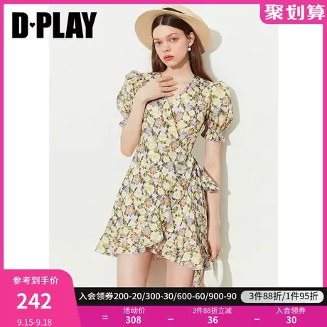 DPLAY2023夏新ins度假紫调黄花系带荷叶边印花茶歇裙野餐裙图片