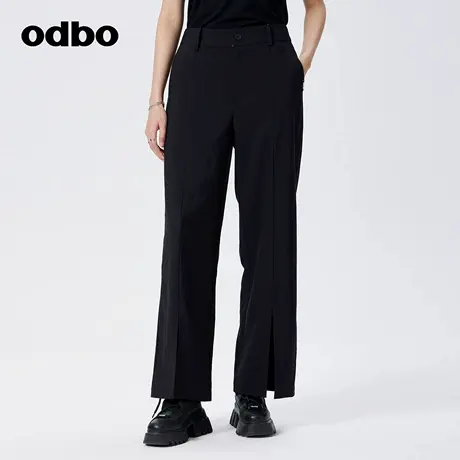 odbo 高级感黑色开衩直筒裤女春季新款高腰垂感显瘦休闲裤子商品大图