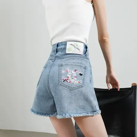 毛边刺绣牛仔短裤女夏季薄款高腰宽松显瘦百搭三分阔腿a字热裤子商品大图