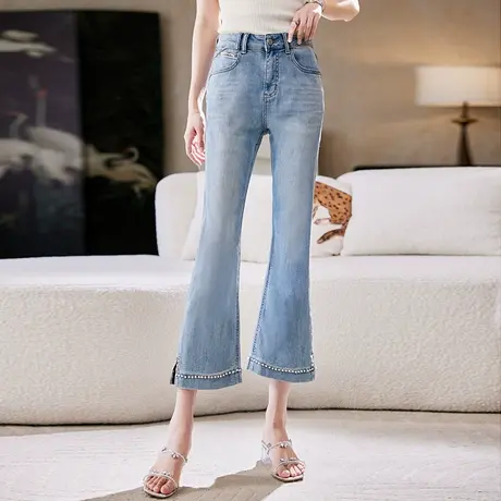 宝诗黎高腰钉珠拼接微喇牛仔裤2025夏季小个子时尚百搭休闲长裤女商品大图