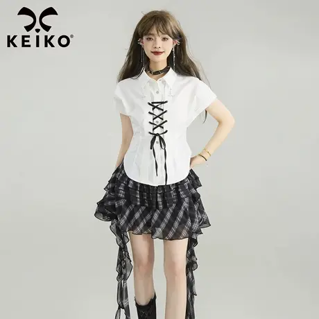 KEIKO 法式白色绑带饰修身短袖衬衫夏季通勤穿搭掐腰显瘦短款上衣商品大图