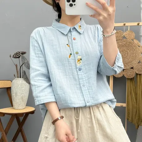 夏季韩版文艺小清新双层棉纱刺绣花中袖衬衫女宽松休闲七分袖上衣商品大图