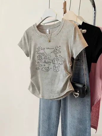 韩系chic正肩t恤女褶皱设计感收腰短款短袖ins潮扎染闺蜜装上衣夏图片