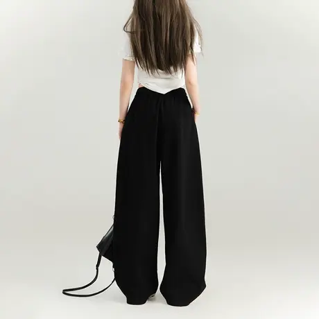 KEIKO 简约黑色高腰廓形休闲裤女25夏季美式复古宽松弯刀阔腿裤子商品大图