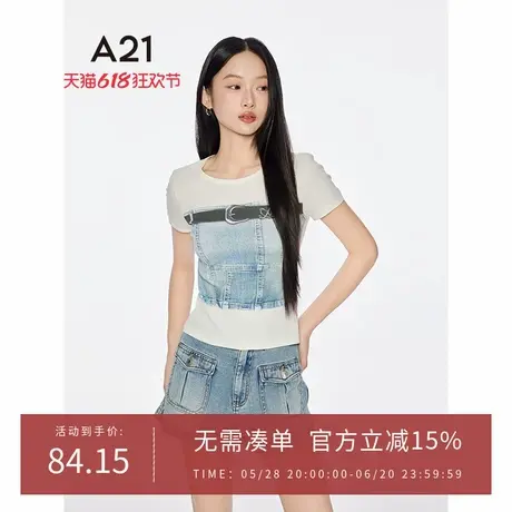 A21女装牛仔印花圆领短袖T恤2025夏季新款简约设计感撞色修身上衣图片