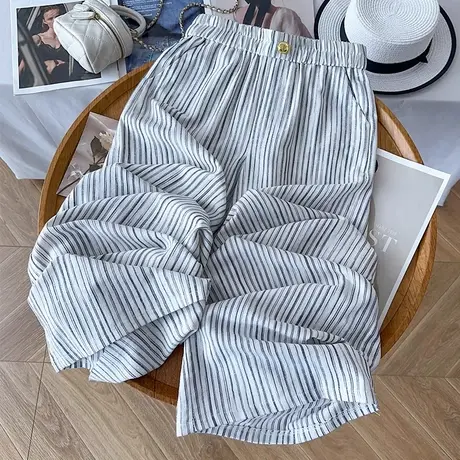 拉夏贝尔竖条纹天丝阔腿裤女夏季薄款2025新款垂感冰丝休闲直筒裤图片