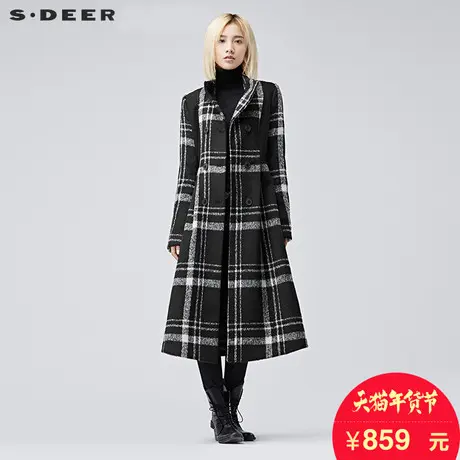 sdeer圣迪奥女装冬装复古英伦拼接格纹立领长款毛呢大衣S16481867图片