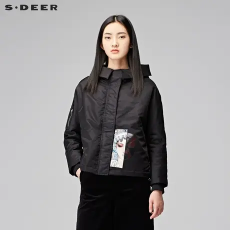 sdeer圣迪奥女装酷黑艳丽民族脸谱印胶连帽短款羽绒服S17482446图片