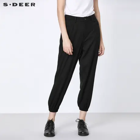 sdeer圣迪奥女装春秋装简约插袋松紧拼接黑色九分裤女S21380827图片