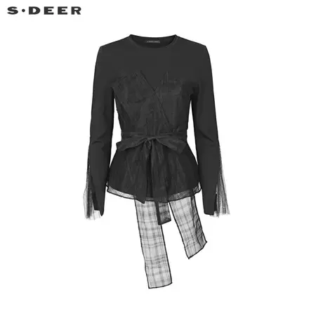 sdeer圣迪奥22春夏新款圆领格纹网纱拼接黑色长袖T恤女S221Z0238图片