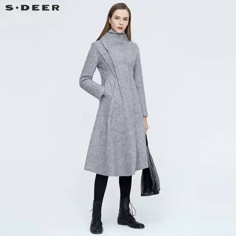 sdeer圣迪奥女装时尚立领解构拼接长款毛呢大衣女外套S20481851图片