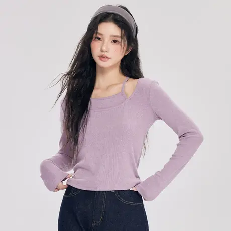 尔给初秋假两件长袖上衣女短款时尚百搭女士修身显瘦不规则T恤女图片