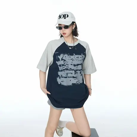 YEP2025夏季新款撞色拼接字母印花T恤美式潮牌中性街头风半袖上衣图片