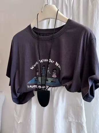 童趣！水彩无感印花凉爽舒适薄款雪花棉圆领宽松圆弧摆短袖T恤女商品大图