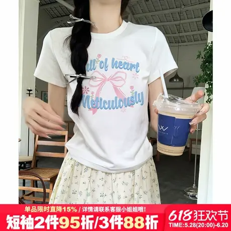 夏季新款韩系减龄纯棉白色短袖t恤女设计感蝴蝶结印花短款上衣潮商品大图