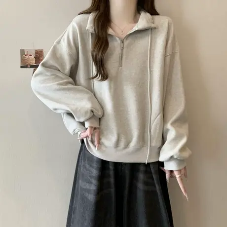 立领半拉链卫衣女春秋薄款2025新款小个子短款宽松长袖上衣服外套图片