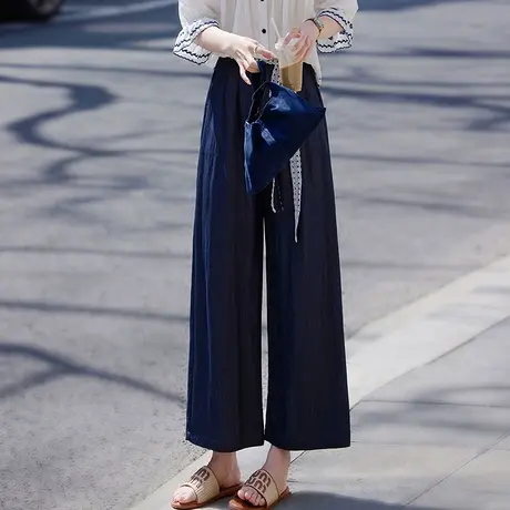 时尚气质休闲长裤2025年夏季新款高腰显瘦百搭宽松纯色阔腿九分裤商品大图