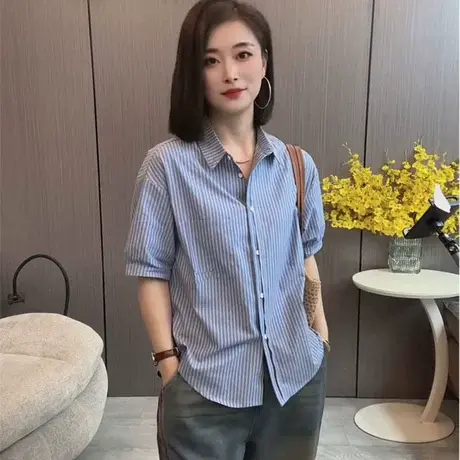 短袖女衬衫夏季新款时尚韩版宽松条纹上衣龟背显瘦百搭POLO领衬衣图片