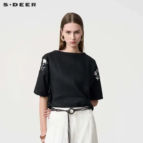 sdeer圣迪奥女装田园风圆领绣花撞色宽松亚麻衬衫S24280431商品大图