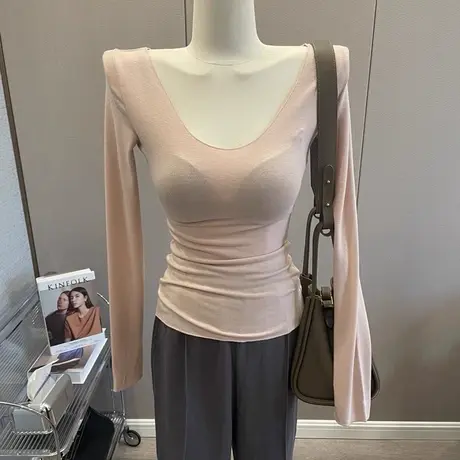 亲肤显身材~温柔韩版微透长袖T恤打底衫女修身性感显瘦内搭上衣春商品大图